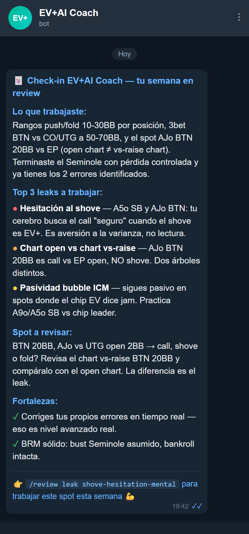 Ejemplo de check-in EV+AI Coach en Telegram