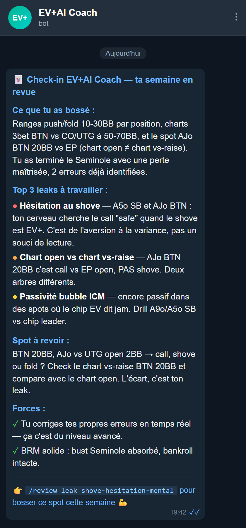 Exemple de check-in EV+AI Coach sur Telegram